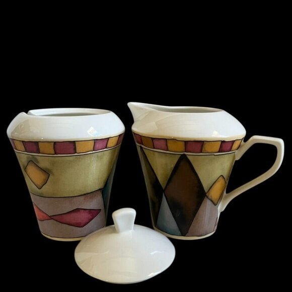 Sasaki Palazzo Sugar and Creamer w/Lid by Particia Zanger Multicolor Harlequin - Picture 4 of 8